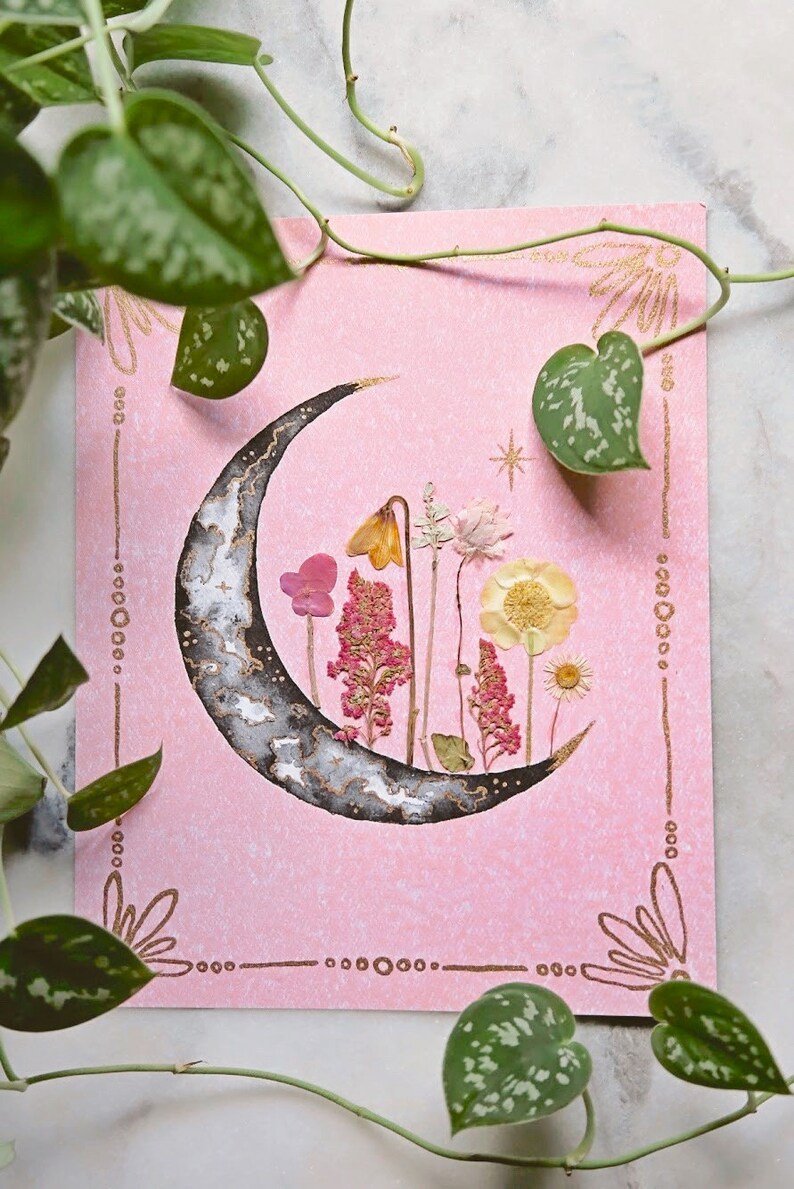 EMBELLISHED PRINT: Sherbet Sky watercolor moon, pressed flowers, gold leafing image 2