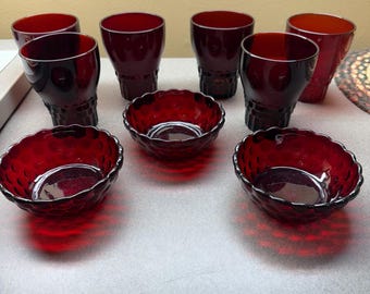 Antique Ruby Red Glass Cups and small bowl set includes 6 cups and 3 bowls