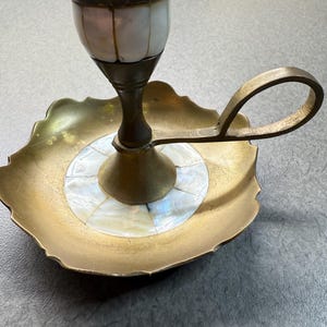 Vintage Brass Candle Stick Mother of Pearl Inlay Chamber Style Finger Loop Candlestick Holder with Mother of Pearl Inlay