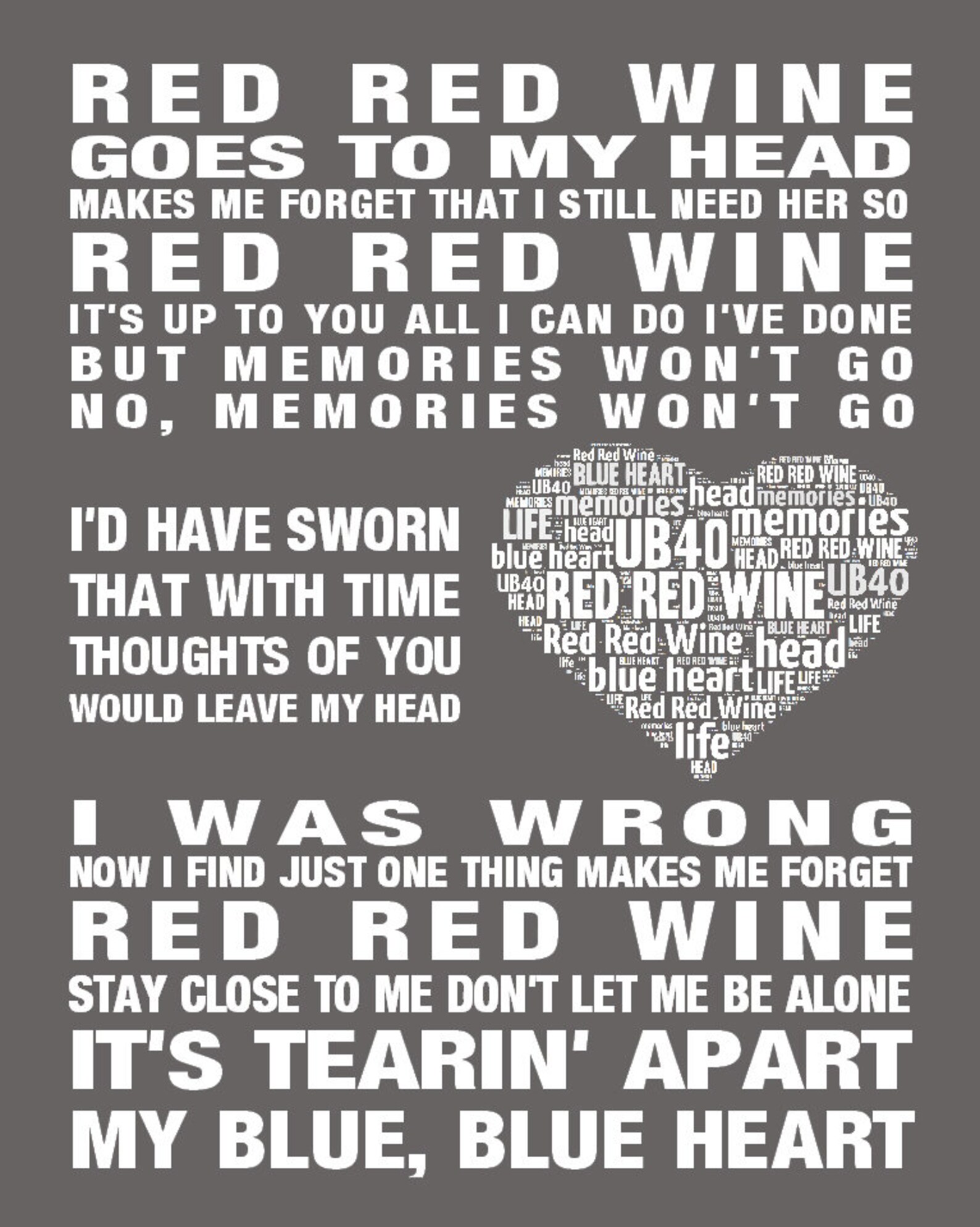 UB40 Red Red Wine Music Love Song Lyrics Wall Art Print Home Etsy UK