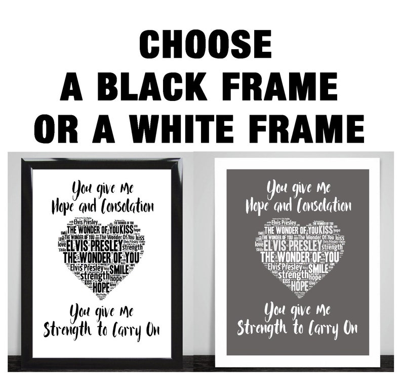 May include: Two framed prints of a heart-shaped word cloud with the text "You give me Hope and Consolation" and "You give me Strength to Carry On". The print on the left has a black frame and the print on the right has a white frame.
