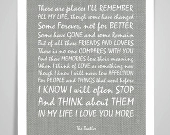 The Beatles 'In My Life' Lyrics Print, Linen Texture, Romantic Art