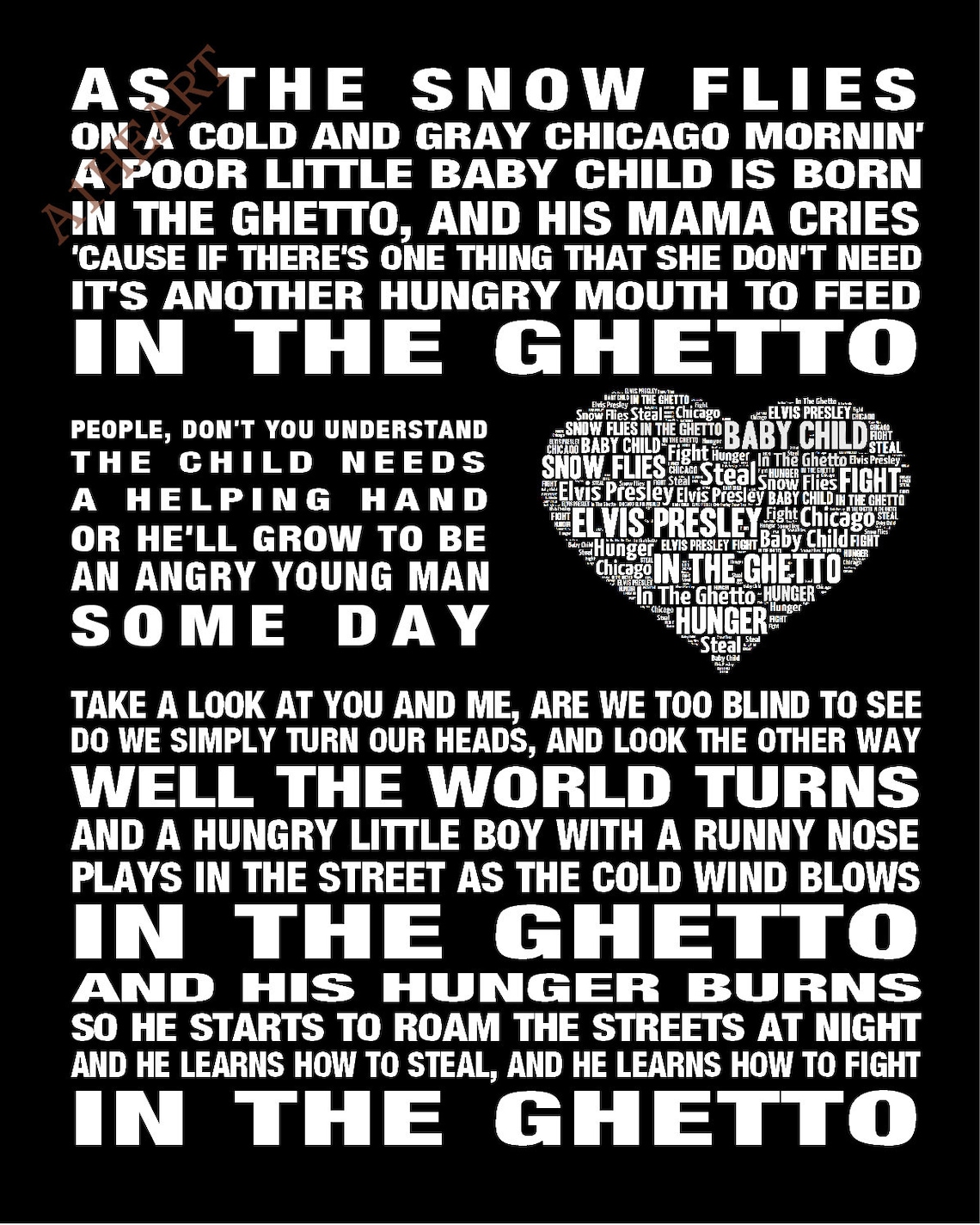 ELVIS PRESLEY in the Ghetto Song Lyrics Wall Art Print Poster. Etsy UK