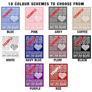 May include: A poster with the text "10 Colour Schemes to Choose From" at the top. Below are ten color variations of a design featuring song lyrics in a heart shape, with the words "Don't Stop Believin'" prominent.