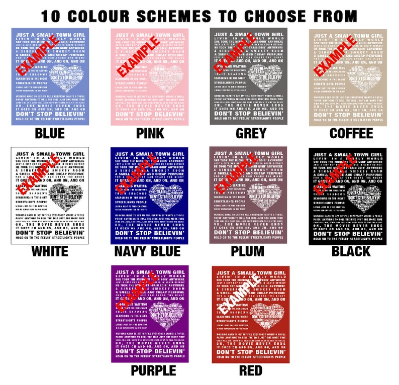May include: A poster with the text "10 Colour Schemes to Choose From" at the top. Below are ten color variations of a design featuring song lyrics in a heart shape, with the words "Don't Stop Believin'" prominent.