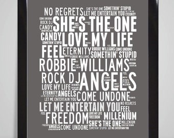 Robbie Williams Song Titles,Music Art Print, Portrait 8x10 inches