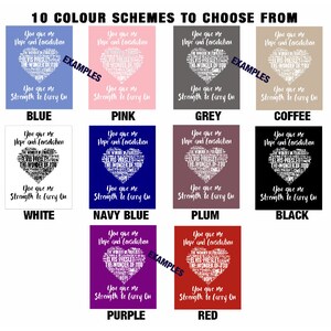 May include: A graphic design showing 10 different color schemes for a heart-shaped word cloud design. The word cloud features the text "You give me Hope and Consolation" and includes the name "Elvis Presley". The color schemes include blue, pink, grey, coffee, white, navy blue, plum, black, purple, and red.