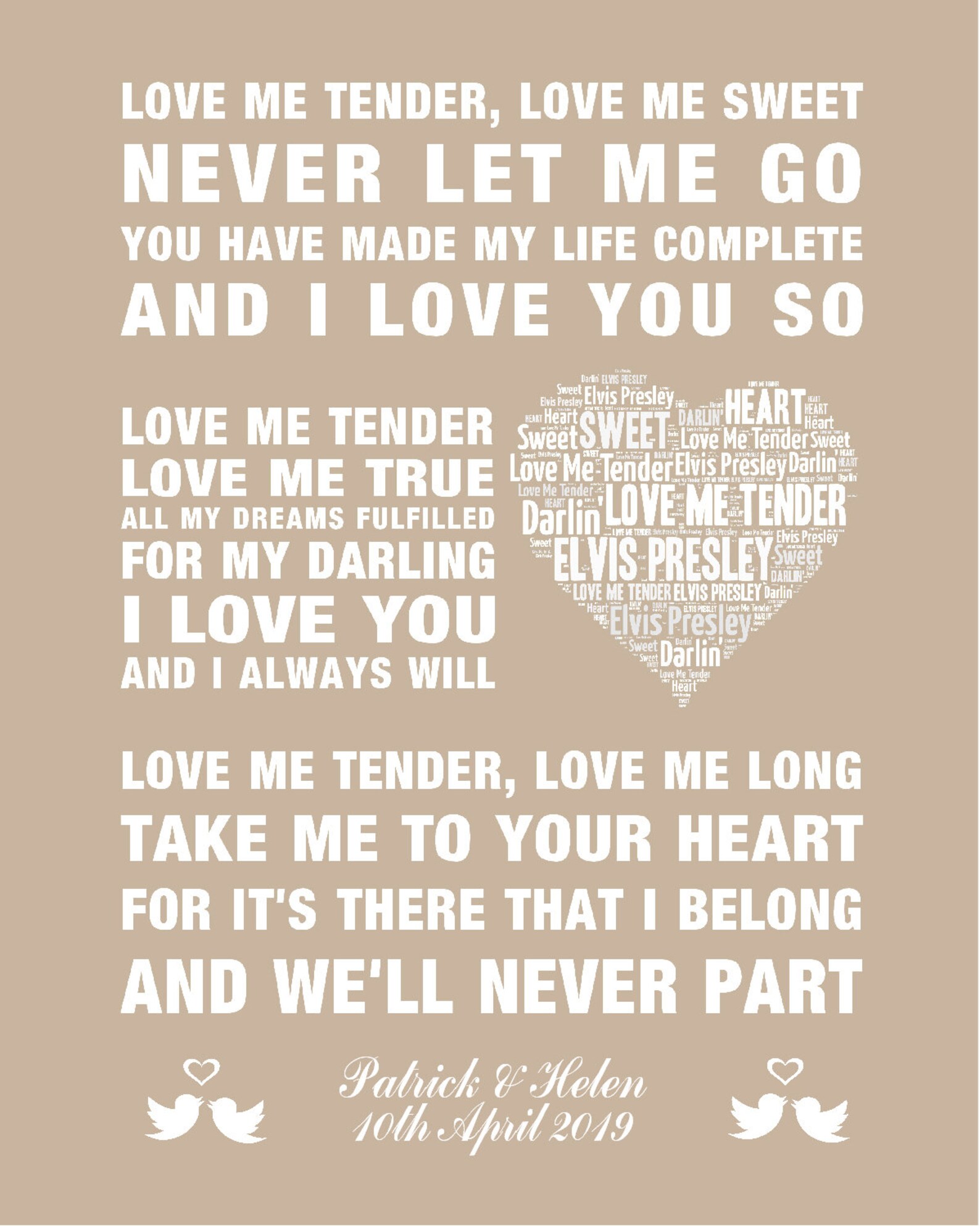 PERSONALISED Elvis Presley Love Me Tender Music Song Lyrics Etsy UK