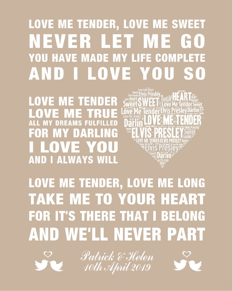 PERSONALISED Elvis Presley Love Me Tender Music Song Lyrics - Etsy UK