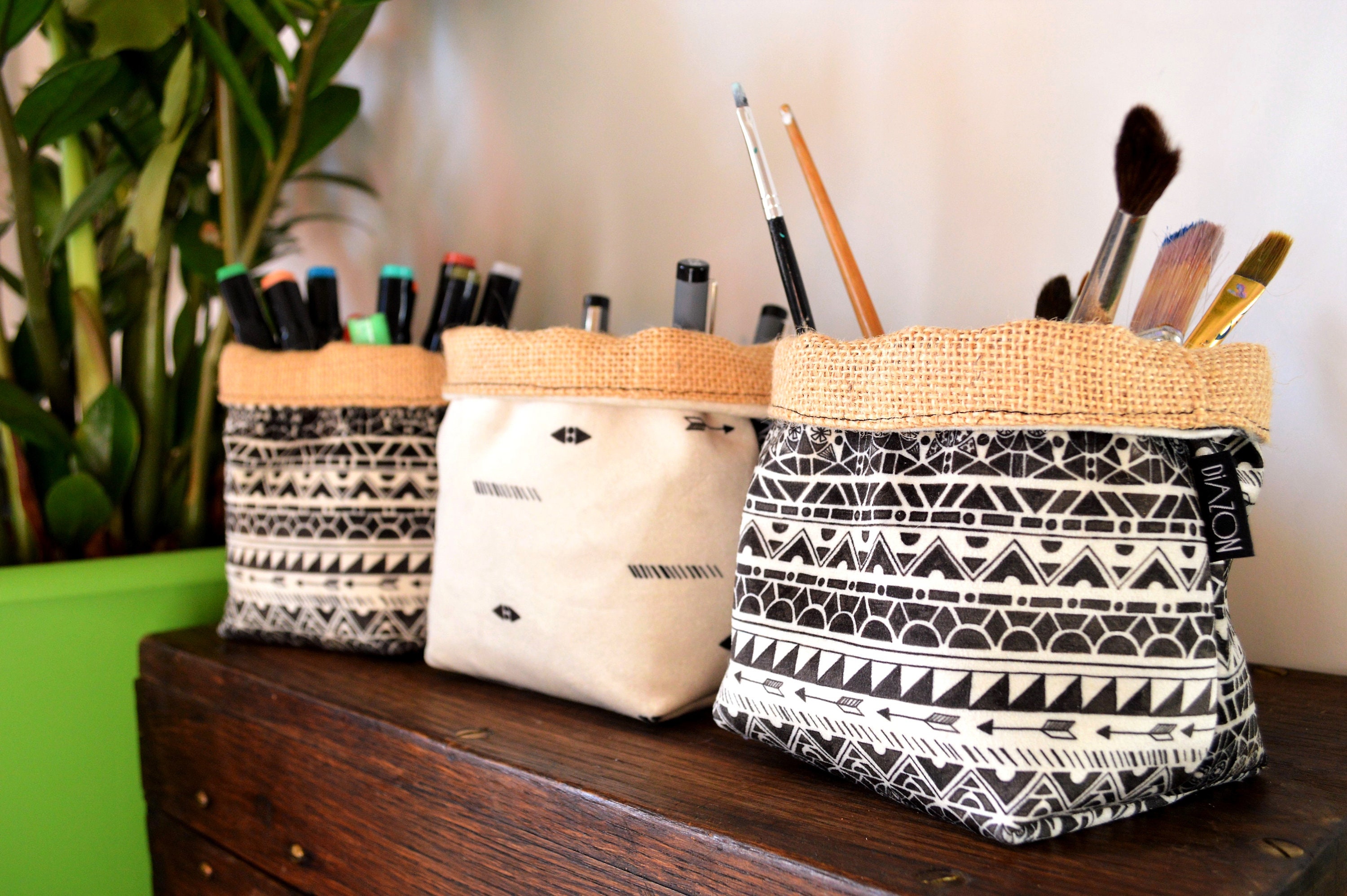 Trio de Petites Panières Rangement en Velours Imprimé Motif Ethnique et Toile Jute , Décoration Mais