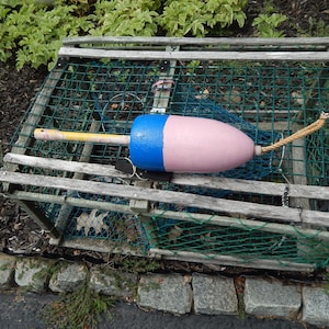 May include: A weathered wooden lobster trap with a green mesh netting interior, topped with a large, oval-shaped buoy painted in vibrant blue and light pink, featuring a yellow handle and a thick, tan rope attached to one end of the buoy.