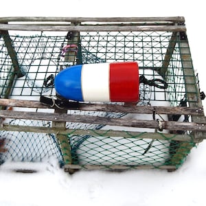 May include: A wooden lobster trap with a blue, white, and red buoy attached. The trap is made of weathered wood and green netting, resting on a snowy surface. The buoy is cylindrical and has black rope attached.