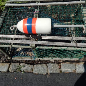May include: A rectangular wooden lobster trap with green netting and a white, orange, and blue buoy resting on top. The buoy features a long gray rod extending from one side, with thick white rope attached to both ends of the buoy assembly.