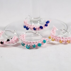 Pink Beaded Crocheted Wine Charms  Set of 4