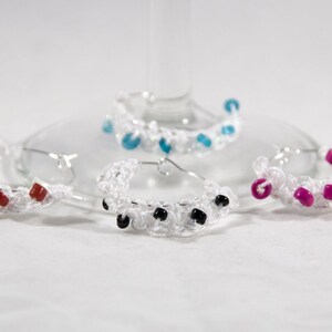 Sparkly White Beaded Crocheted Wine Charms  Set of 4