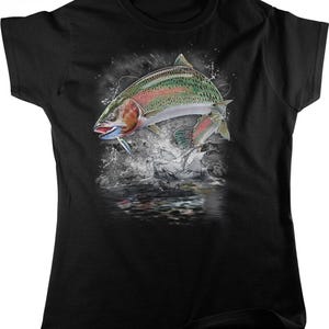 Camiseta de pesca para mujer: Diseño de trucha arcoíris - Algodón suave, NOFO_00301 Black