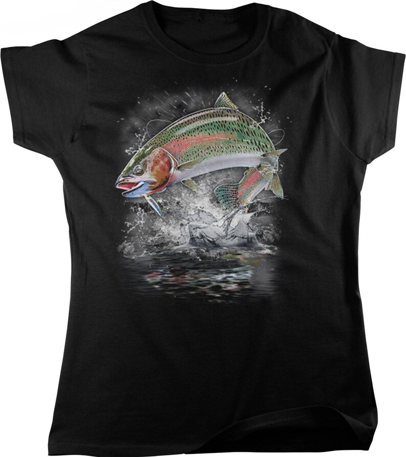 Camiseta de pesca para mujer: Diseño de trucha arcoíris - Algodón suave, NOFO_00301 Black