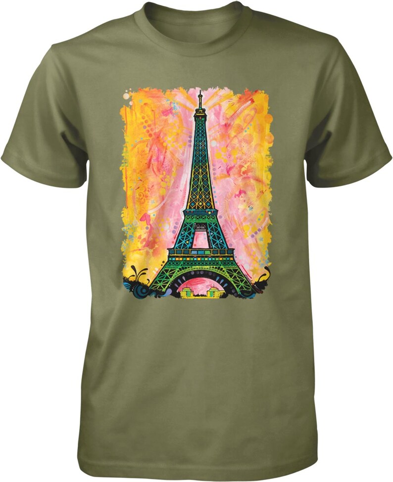A green t-shirt with a colorful graphic design depicting the Eiffel Tower.
