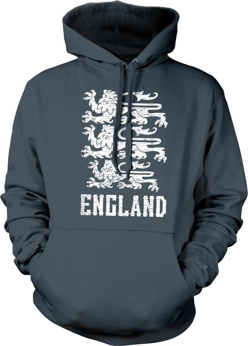 A dark grey hoodie with a white graphic design depicting a group of lions, representing the United Kingdom.