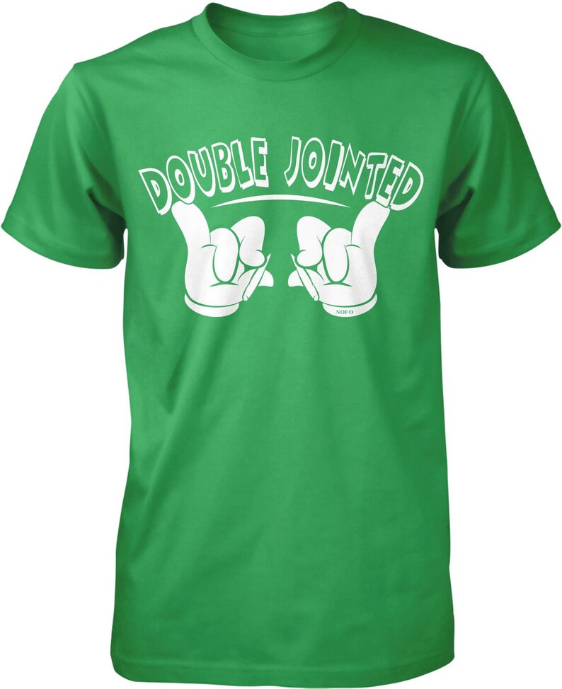 A green t-shirt with the text "DOUBLE JOINED" printed on it, along with a hand gesture.