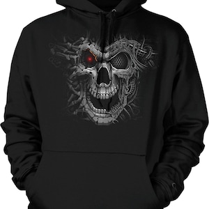 May include: Black hooded sweatshirt with a graphic print of a skull with a red eye and mechanical details.