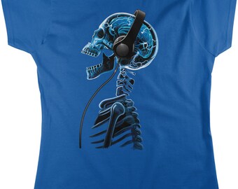 【oan】Elec Skeleton Vintage Washing Short Sleeve T-Shirt Electric Skeleton With Headphones, Skeleton X-ray Women's T