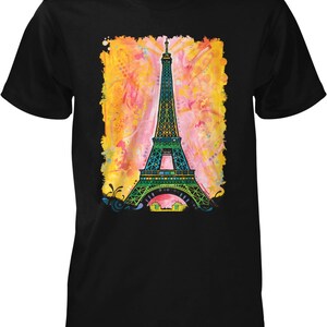 A black t-shirt with a colorful graphic design depicting the Eiffel Tower.