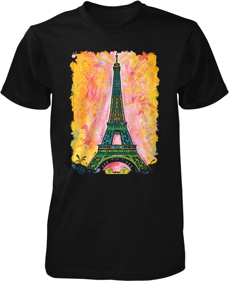 A black t-shirt with a colorful graphic design depicting the Eiffel Tower.