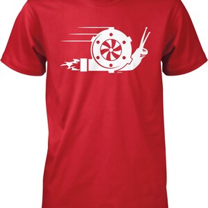 A red t-shirt with a white graphic design depicting a snail with a propeller or engine-like shape on its back.