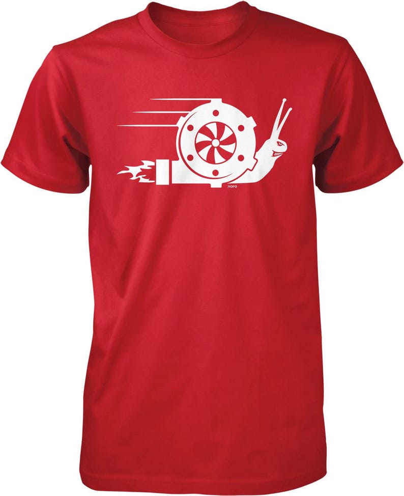 A red t-shirt with a white graphic design depicting a snail with a propeller or engine-like shape on its back.