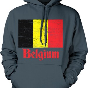 May include: A dark blue hoodie with a distressed Belgian flag graphic and the word "Belgium" in red lettering.