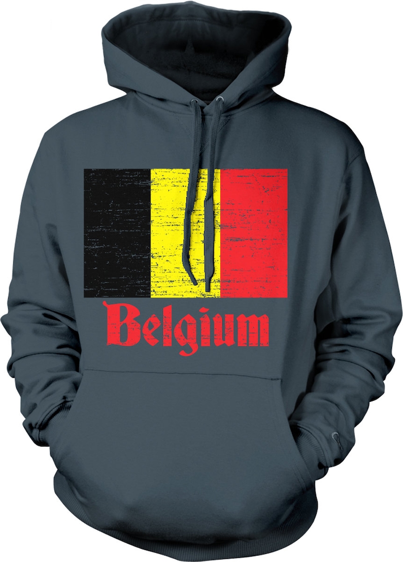 May include: A dark blue hoodie with a distressed Belgian flag graphic and the word "Belgium" in red lettering.