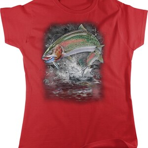 A red t-shirt with a graphic design depicting a fish jumping out of the water.