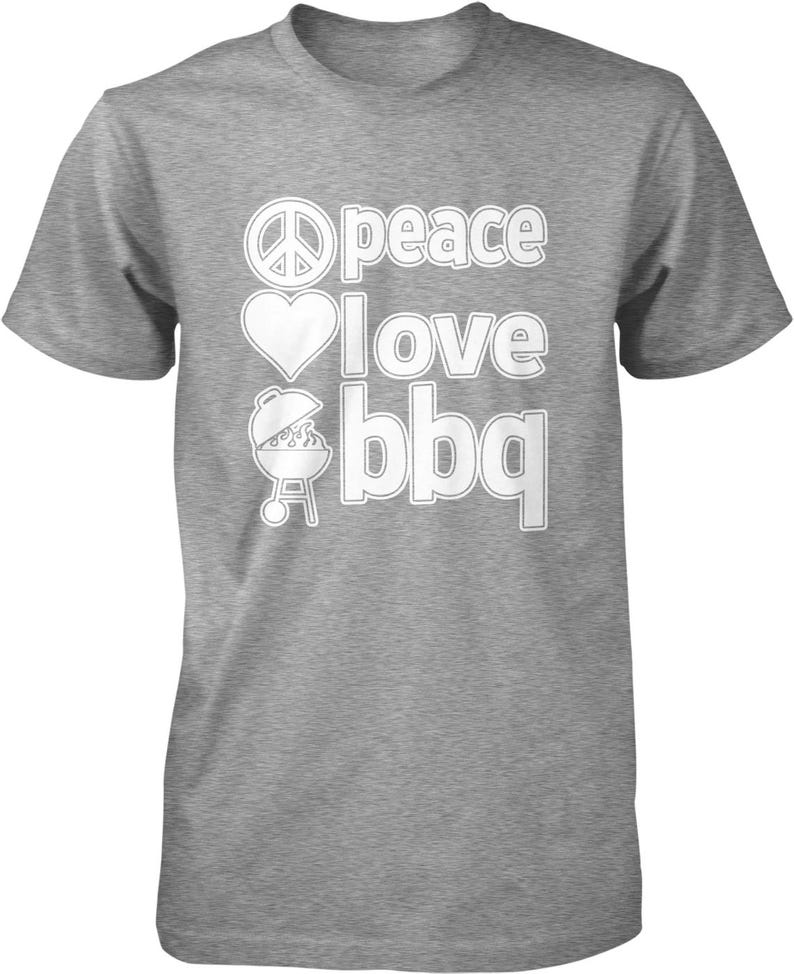 A gray t-shirt with the text "Peace I love BBQ" printed on it.