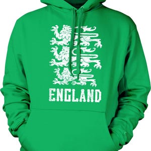 A bright green hoodie with a white graphic design depicting a lion and the word "ENGLAND" printed on it.