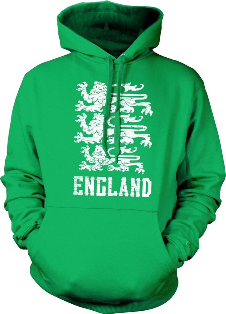 A bright green hoodie with a white graphic design depicting a lion and the word "ENGLAND" printed on it.