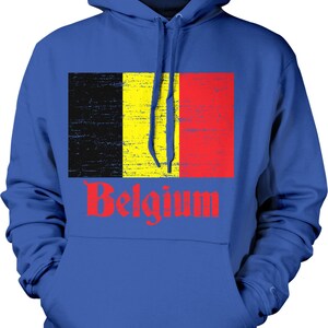 May include: A royal blue hoodie with a distressed Belgian flag and the word "Belgium" in red lettering.