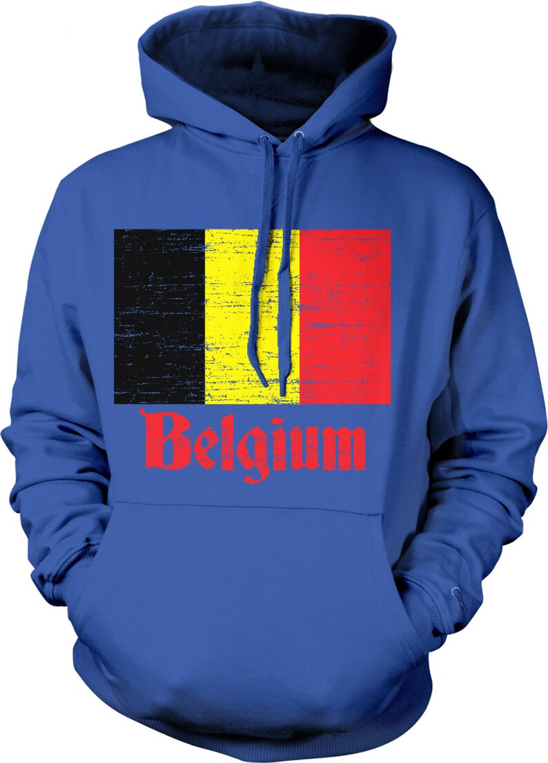 May include: A royal blue hoodie with a distressed Belgian flag and the word "Belgium" in red lettering.