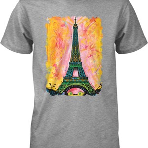 A gray t-shirt with a colorful graphic design depicting the Eiffel Tower.