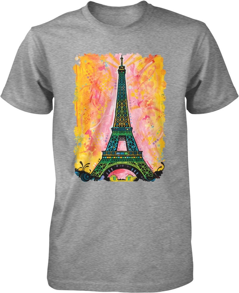 A gray t-shirt with a colorful graphic design depicting the Eiffel Tower.