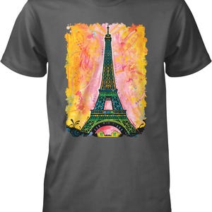 A gray t-shirt with a colorful graphic design depicting the Eiffel Tower.