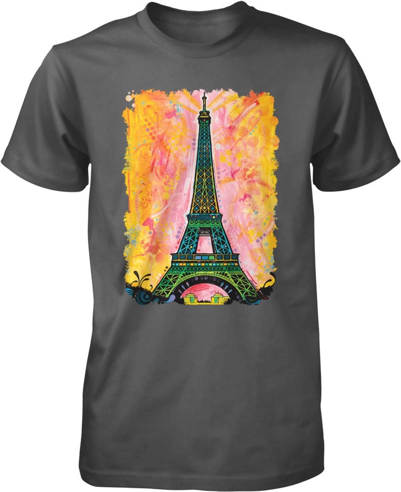 A gray t-shirt with a colorful graphic design depicting the Eiffel Tower.