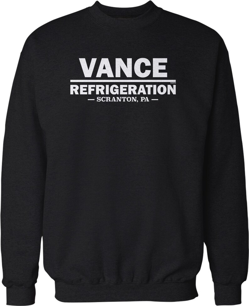 K&ouml;nnte beinhalten: Schwarzer Pullover mit wei&szlig;em Text, der "VANCE REFRIGERATION - SCRANTON, PA -" lautet.