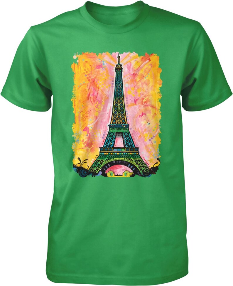 A green t-shirt with a colorful painting of the Eiffel Tower in the center.