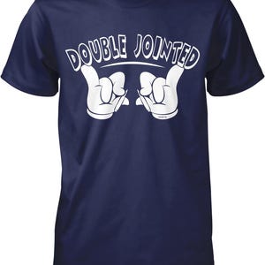 A navy blue t-shirt with the text "DOUBLE JOINED" printed on it in white letters.