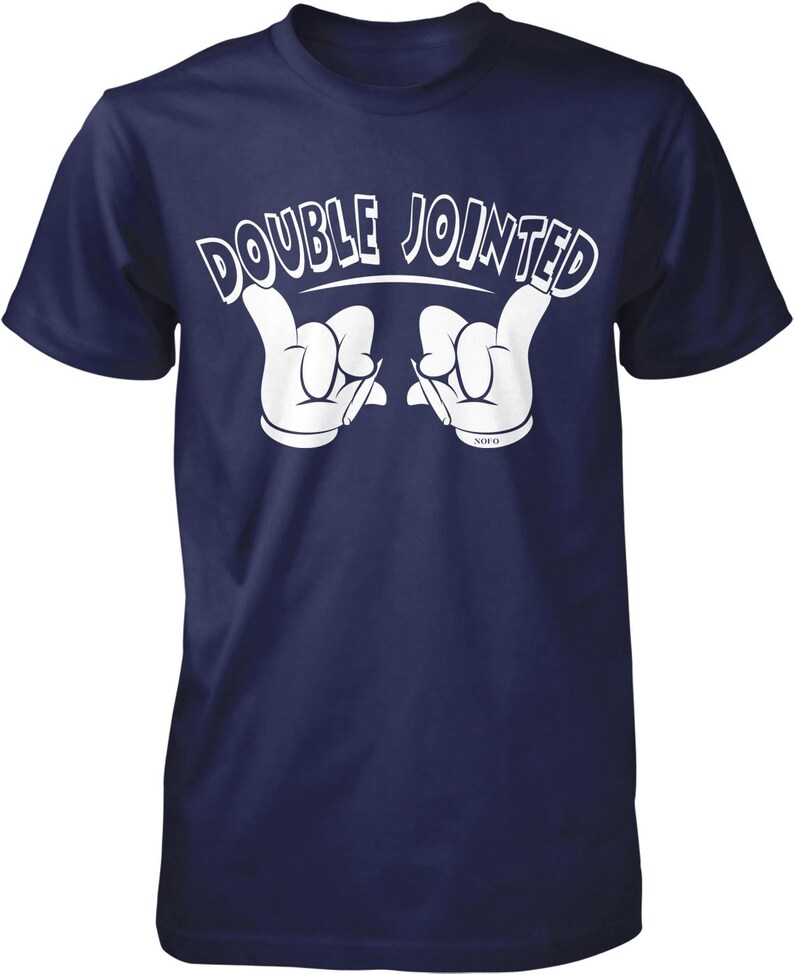 A navy blue t-shirt with the text "DOUBLE JOINED" printed on it in white letters.