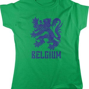 May include: A green t-shirt featuring a purple lion emblem and the word "BELGIUM" in a distressed font. The shirt is a crew neck style and made of a soft material. The design is centered on the front of the shirt.