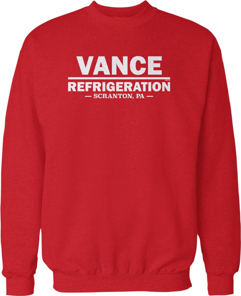 K&ouml;nnte beinhalten: Roter Pullover mit wei&szlig;em Text, der "VANCE REFRIGERATION - SCRANTON, PA -" lautet.
