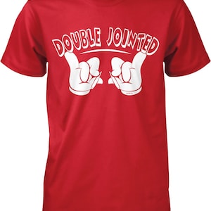 A red t-shirt with the text "DOUBLE JOINED" printed on it, along with a hand gesture.