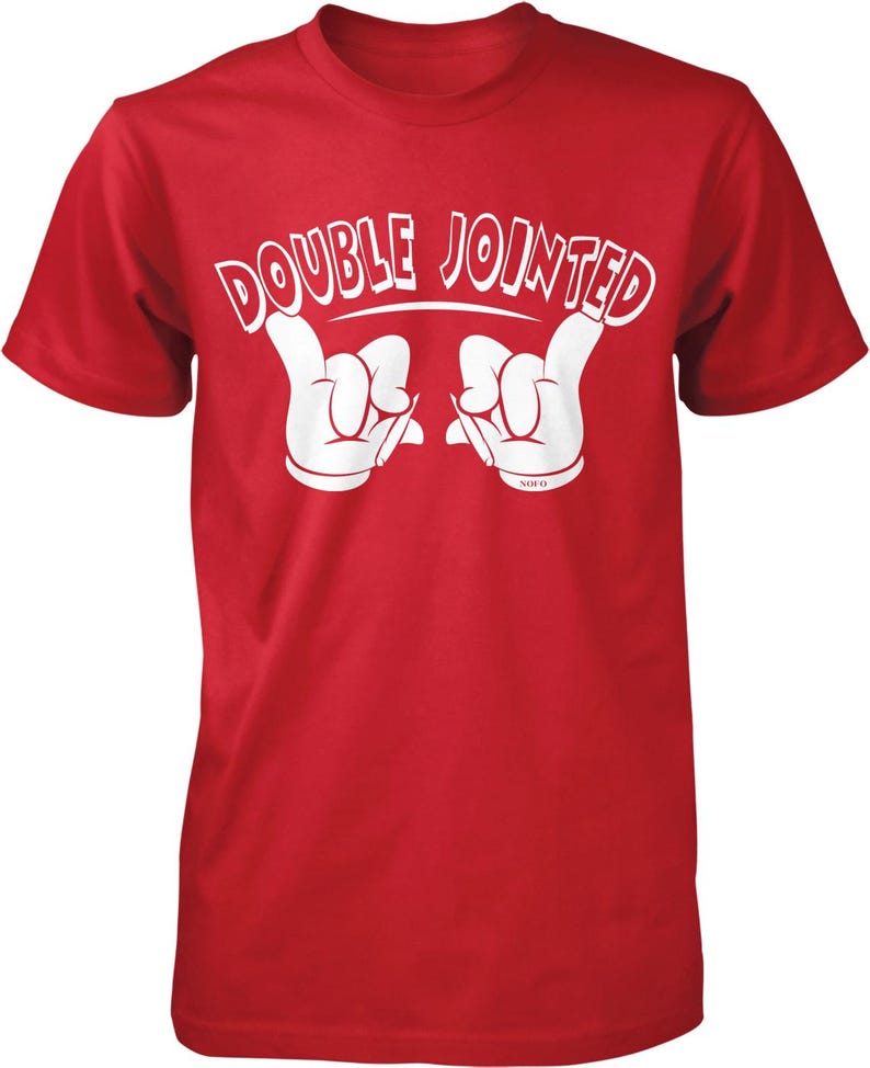 A red t-shirt with the text "DOUBLE JOINED" printed on it, along with a hand gesture.